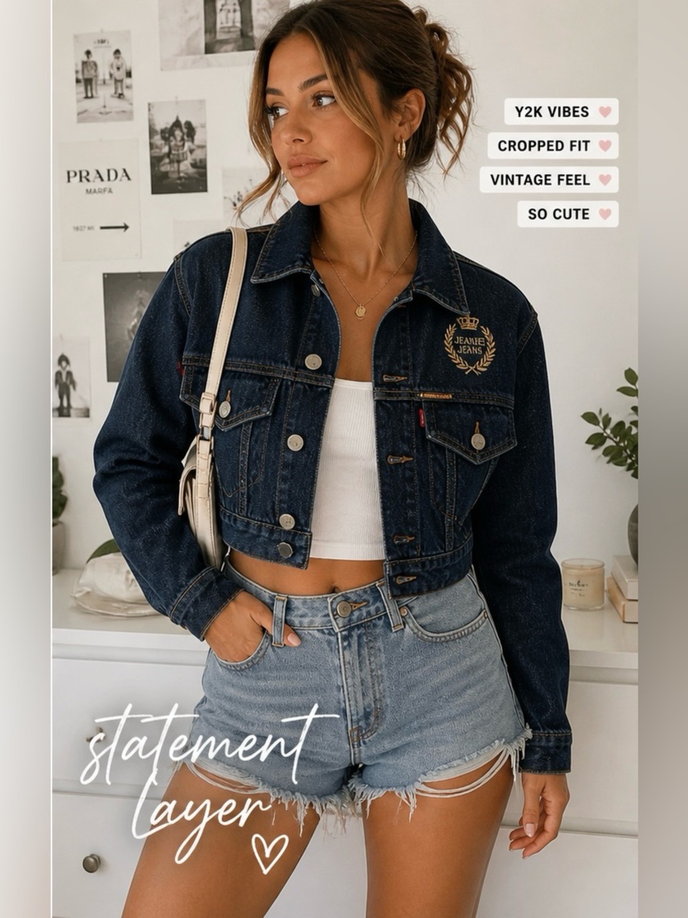 Vintage Style Cropped Denim Jacket Size M Embroidered Crest Dark Wash Fitted Y2K